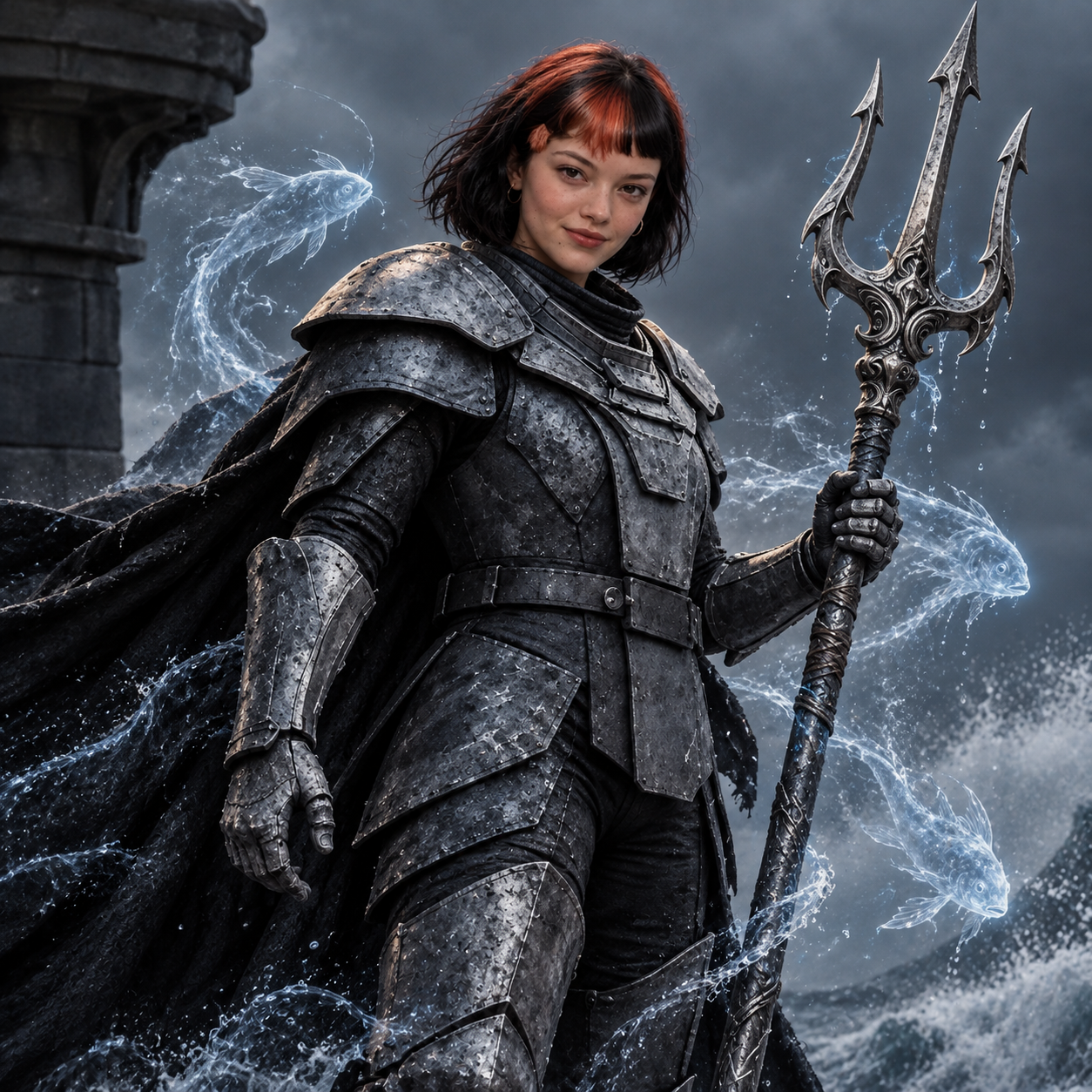 The White Claudia holding a black trident among spectral fish and ocean spray